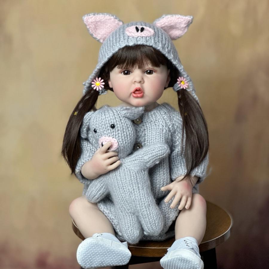 BZDOLL 55 CM Reborn Full Vinyl Body Baby Girl  Lifelike Realistic 22 Inch Doll Long Brown Hair Princess Toddler Bebe Birthday Gift