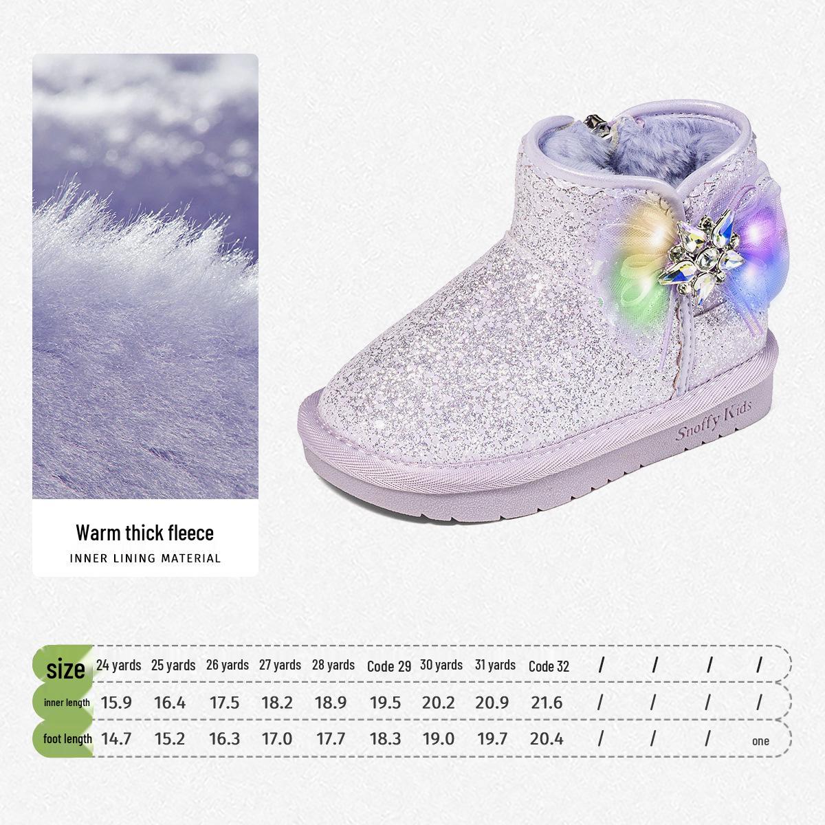 

Snuffy Flashing Light Girls Snow Boots: Winter 2025 Warm, Cold-Resistant, Velvet-Lined Cotton Shoes for Little Girls. 29
