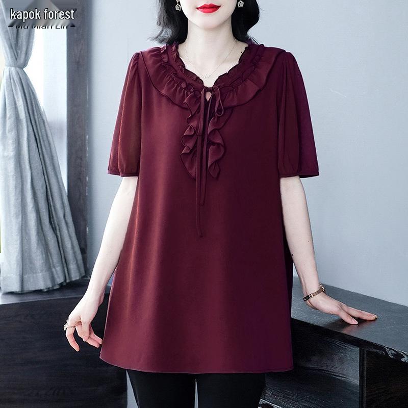 

Топ из шифона с оборками большого размера свободного кроя - Универсальная летняя женская рубашка с коротким рукавом 2XL for 140-160 Jin вино красного