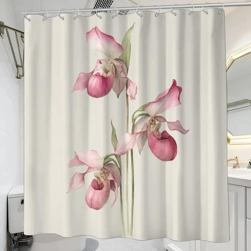 

Botanical Orchid Shower Curtain – Watercolor Pink Lady’S Slipper Flowers, 12 Hooks, 70.87×70.87 Waterproof Bath Decor W60H190(CM)-1 Pcs