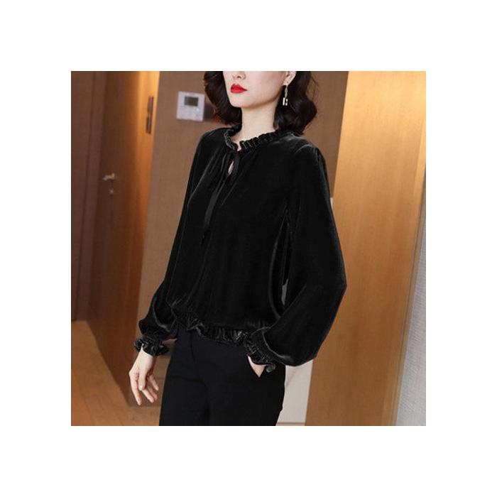 

Рубашка женская весенняя новая дизайнерская ретро корейская версия свободная нижняя часть рубашки верхняя часть 4XL чёрный