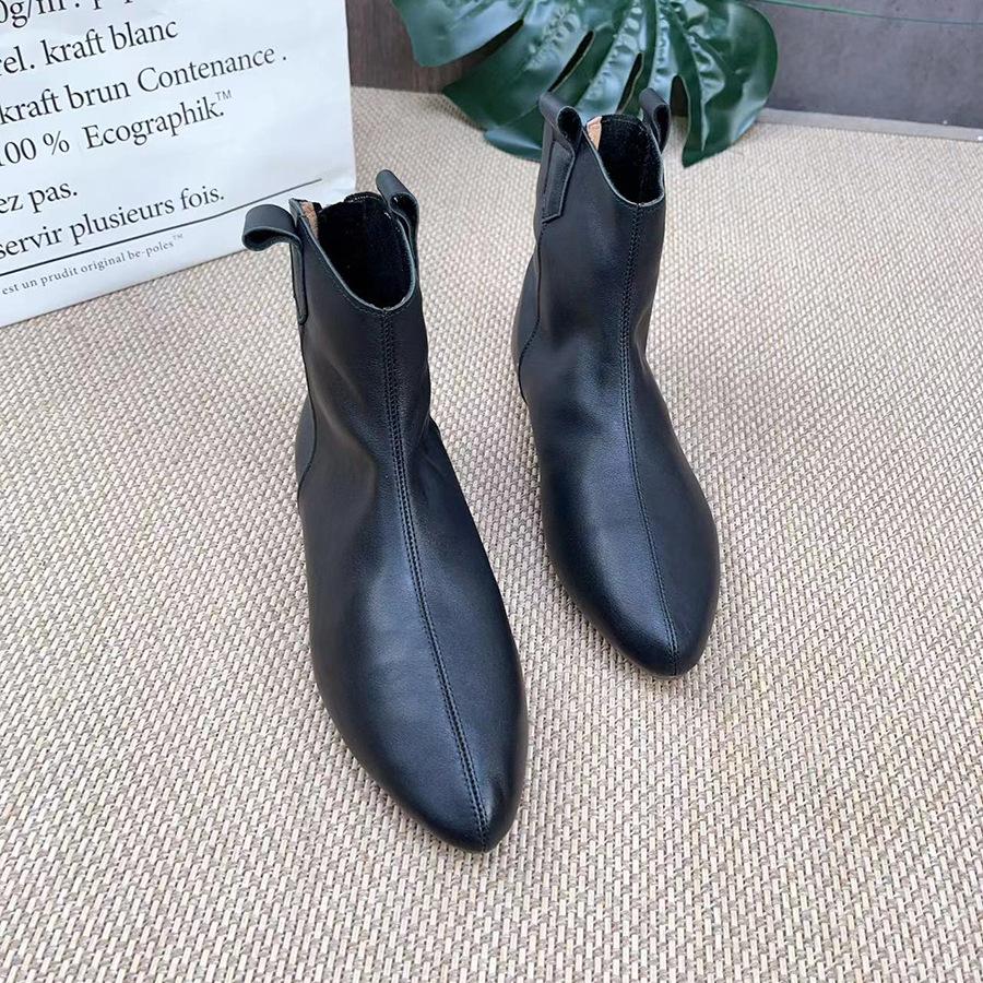 Johnature Retro Women Short Boots Genuine Leather Solid Color Shoes Handmade Round Toe Back Zipper Ankle Boots