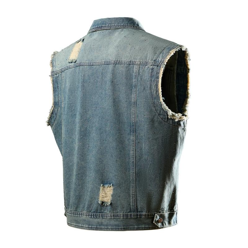 Ripped Holes Denim Waistcoat Men's Sleeveless Denim Jacket with Ripped Holes Pockets Single Breasted Washed Waistcoat for Casual