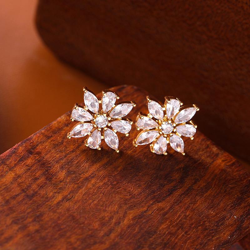 Luxurious Sunflower Zircon Stud Earrings - S925 Silver Needles High-End Ear Jewelry