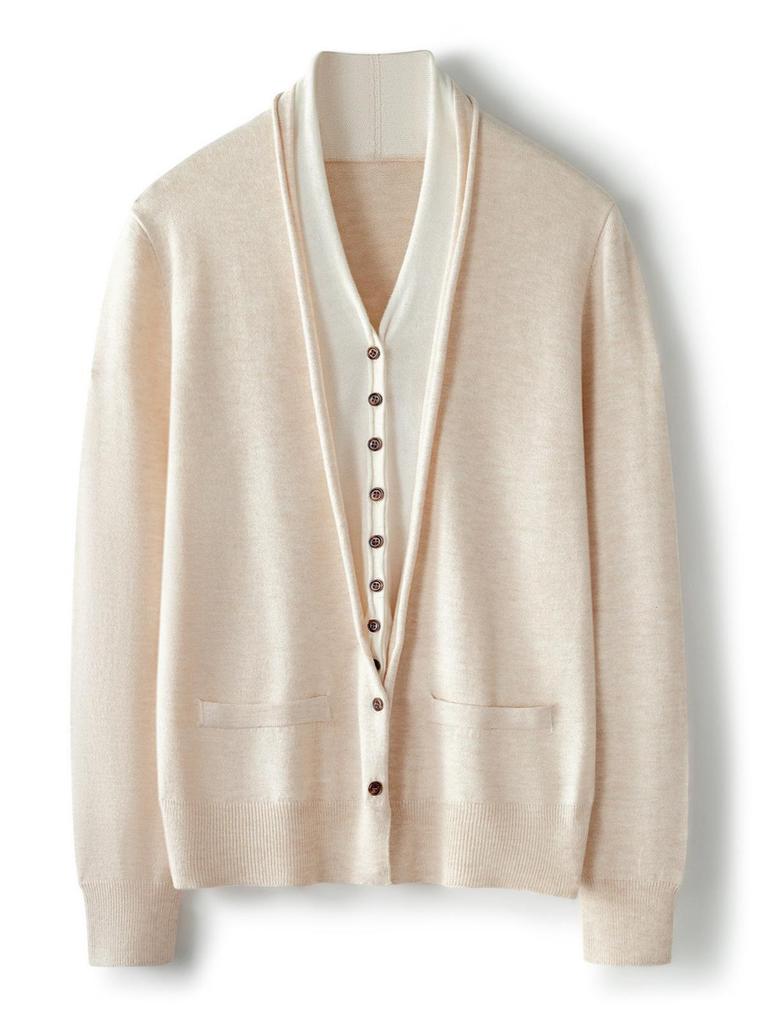 Women's V-Neck Wool Cardigan - Autumn/Winter, Two-Piece, Long Sleeve Knit Sweater