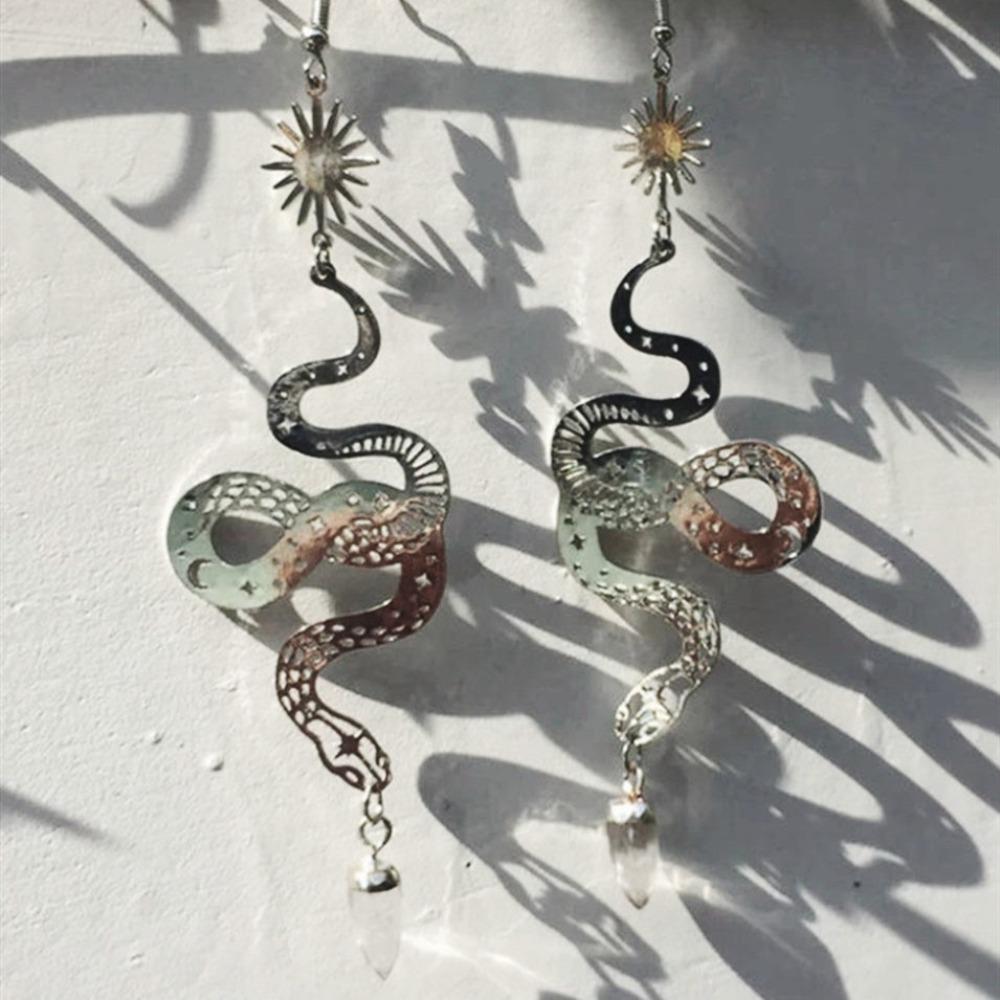 Gothic Punk Silver Color Stainless Steel Sun Hollowed-out Cobra Snake Crystal Pendant Dangle Earrings for Women Jewelry Gifts