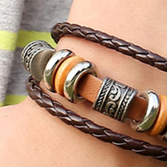 Men Bracelet Vintage Three Layers Braided Ethnic Stainless Alloy Hand-woven Exquisite Lightweight Faux Leather Decorative Wrist Strap