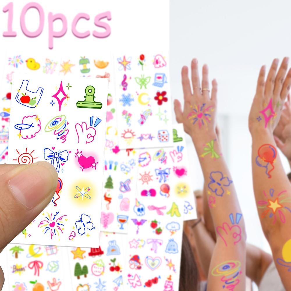 10sheets Colorful Dopamine Small Pattern Tattoo Stickers For Face Arm Body Temporary Fake Waterproof Tattoo Stickers Kids Gifts