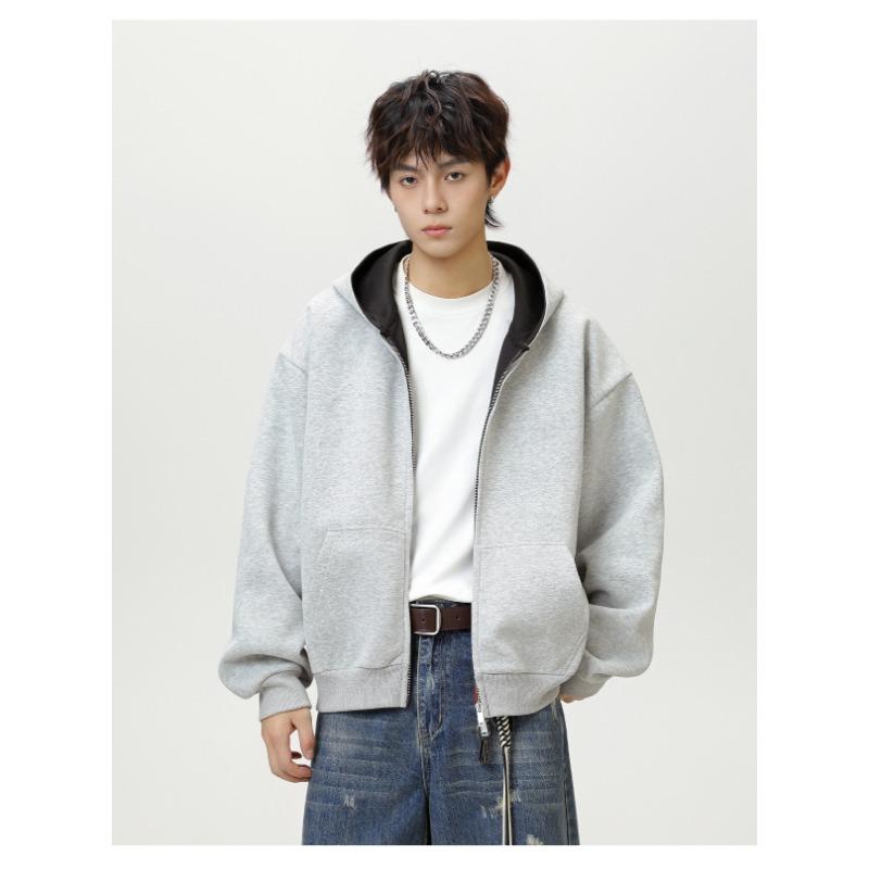 Men Heavy Weight American Color Block Loose Hooded Long Sleeve Zip Up Casual Hoodie Jacket