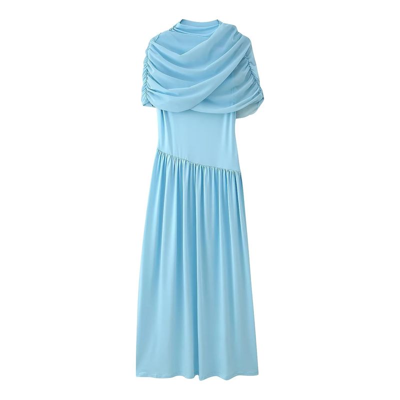 

Za Summer New Women clothes French style Mesh Patchwork Shawl Pleat Decorative High Waist Slim fit Long Dress Blue L