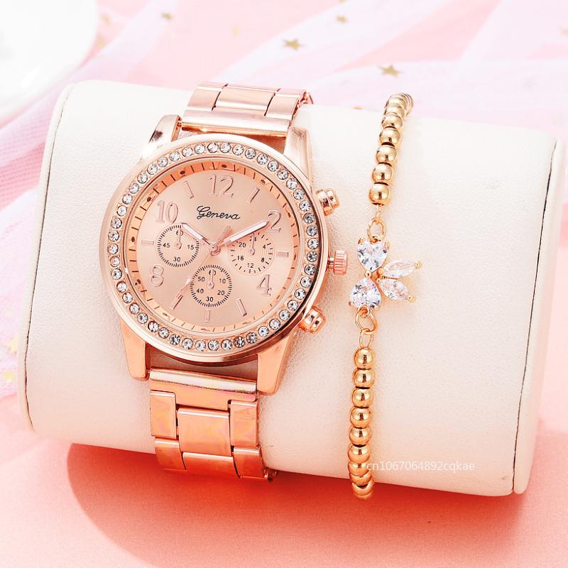 Elegant Ladies Quartz Watch Rose Gold Stainless Steel Band Women Wristwatch Relógio Luxury Diamonds Rhinestone Watch Women