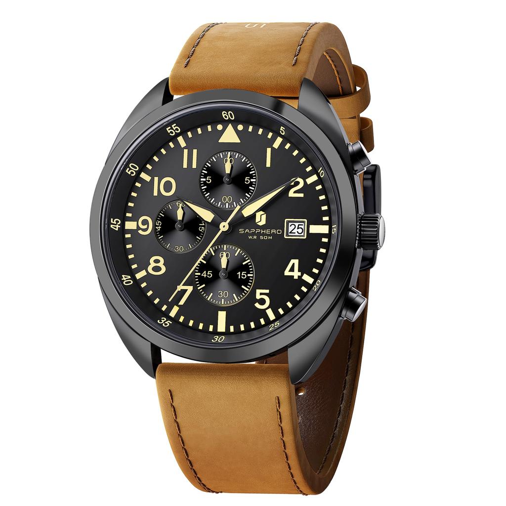 SAPPHERO Japanese Analog 50M Water Luminous Date Suitable for Business and Outdoor Faux Leather Mineral Brown Black Dial Men's Watch, Movement,