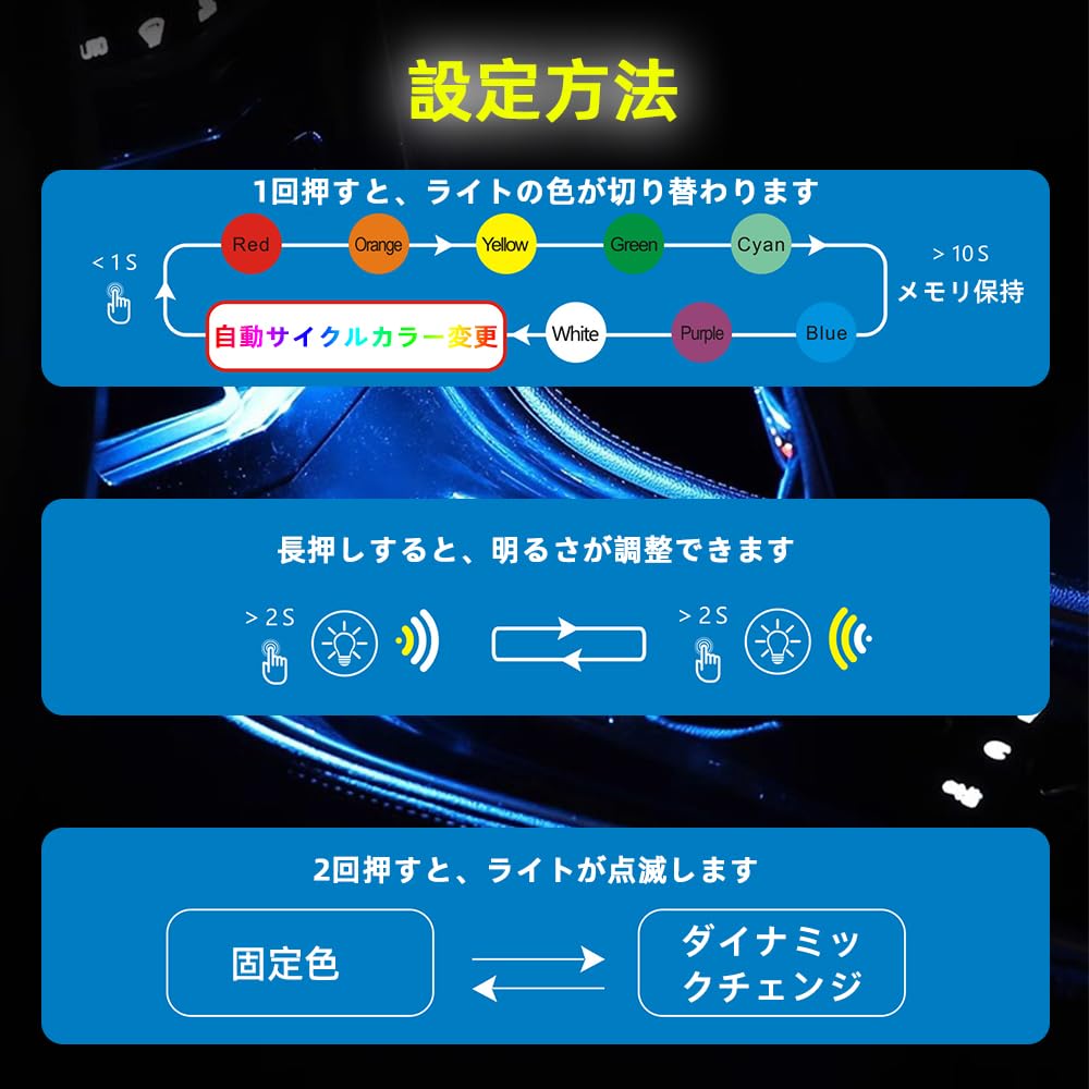 Renjzle Car Light, USB LED, 8 Color Dimmable, Ambient Light, 180° Rotation, Auto Light,