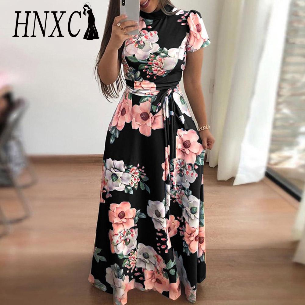 

HNXC Женское летнее платье в пол, с цветочным принтом, с коротким рукавом, с круглым вырезом, повседневное XXXL чёрный