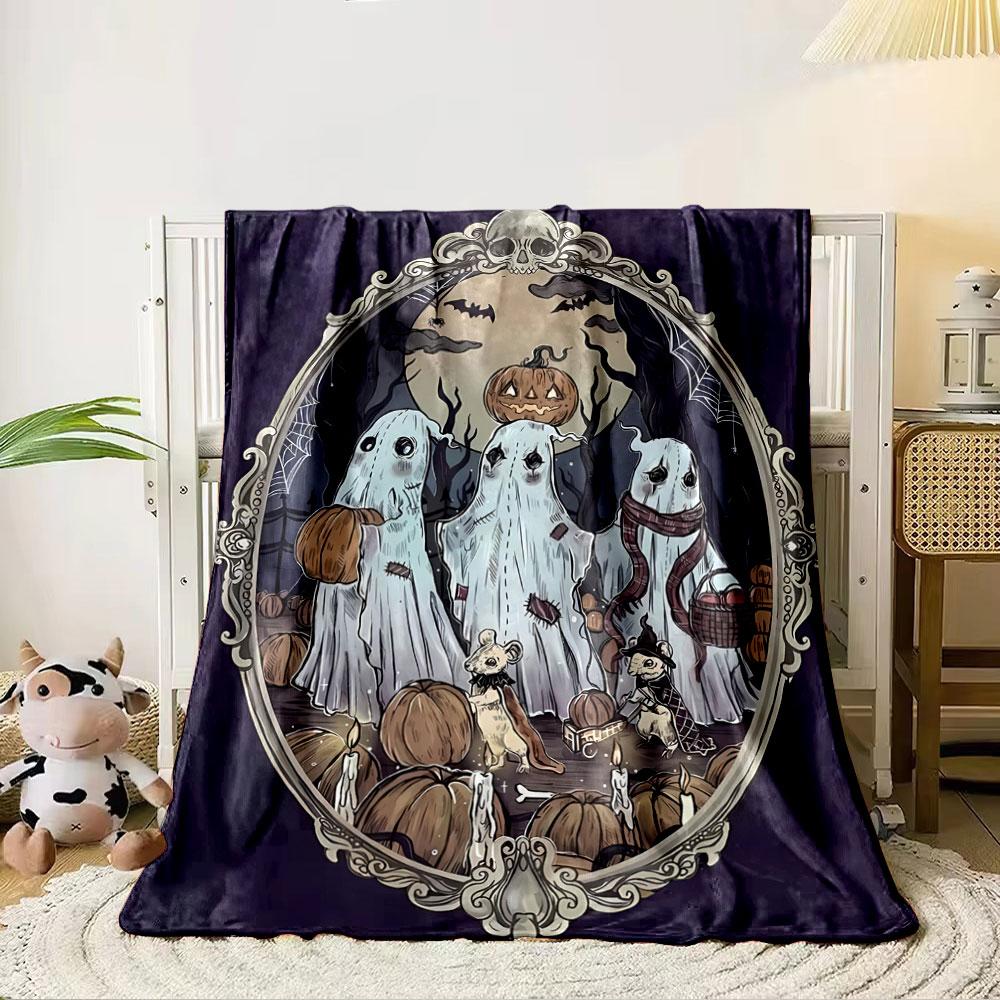 Ghosts, pumpkins, candles, bats, and mice depicted in a spooky setting. for all seasons blanket lunch break throw gift 80cm x 120cm