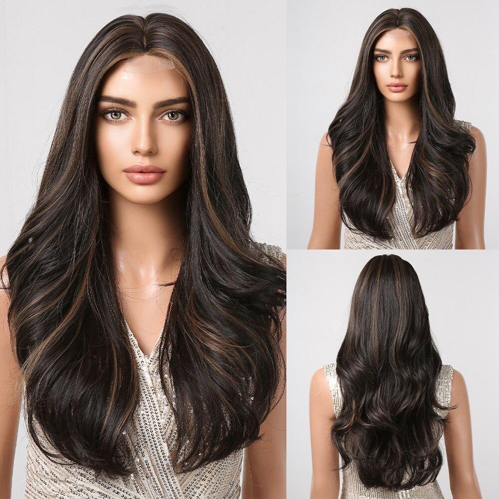 ALAN EATON Brown Highlight Wave Wig Long Synthetic Hairline Lace Wigs Natural Looking Heat Resistant Fiber for Women Party Daily