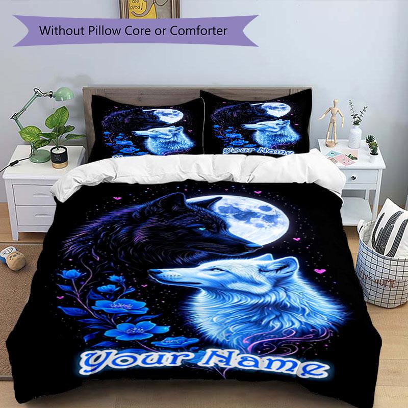 3PC Custom Name Wolf Moon Night Bedding Set Printed Bedding Set Duvet Cover Closure Includes 1 Duvet Cover & 2 Pillowcases for All Seasons Bedroom