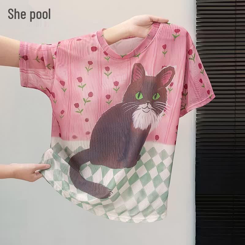 Women s Cute Cat Print Short Sleeve T-shirt One Size
