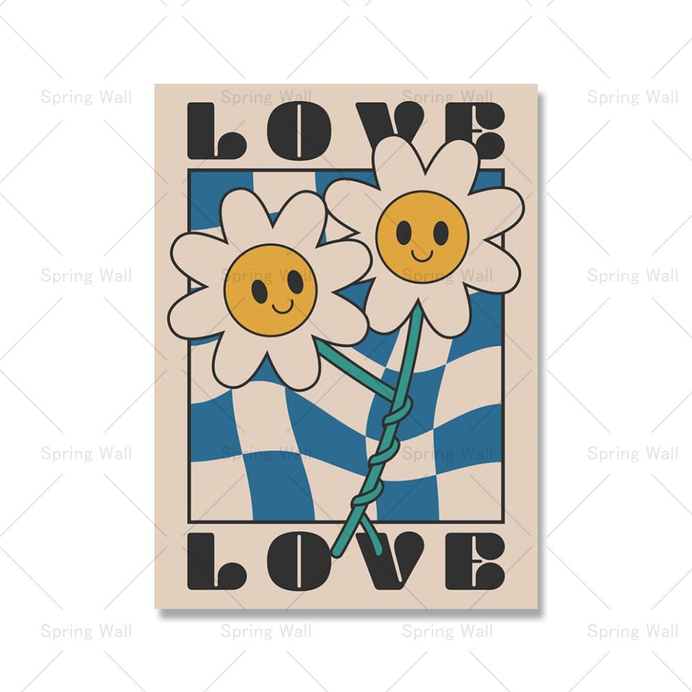 Laughing Smiling Flowers Cartoon Poster Retro Groovy 70s Style Wall Art Pictures Trendy Hippie Canvas Painting Living Room Decor
