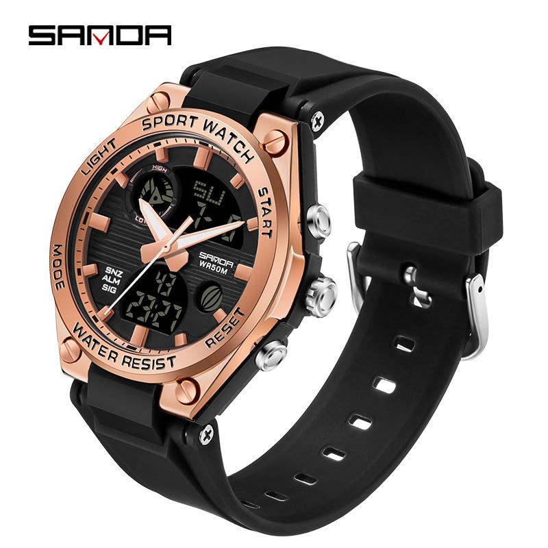

SANDA Fashion High-class Sense of Watch Niche Light Luxury Hundred Electronic Watch Водонепроницаемые спортивные электронные часы с будильником розового золота/чёрный