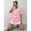 Pink women's T-shirt, digital print V-neck loose fit top, fashionable sporty short-sleeved shirt
