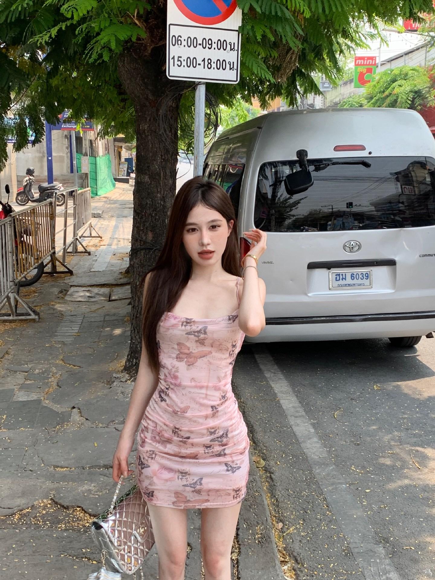 

Pure desire butterfly print suspender dress women s summer slim temperament sexy backless sweet hottie hip skirt S