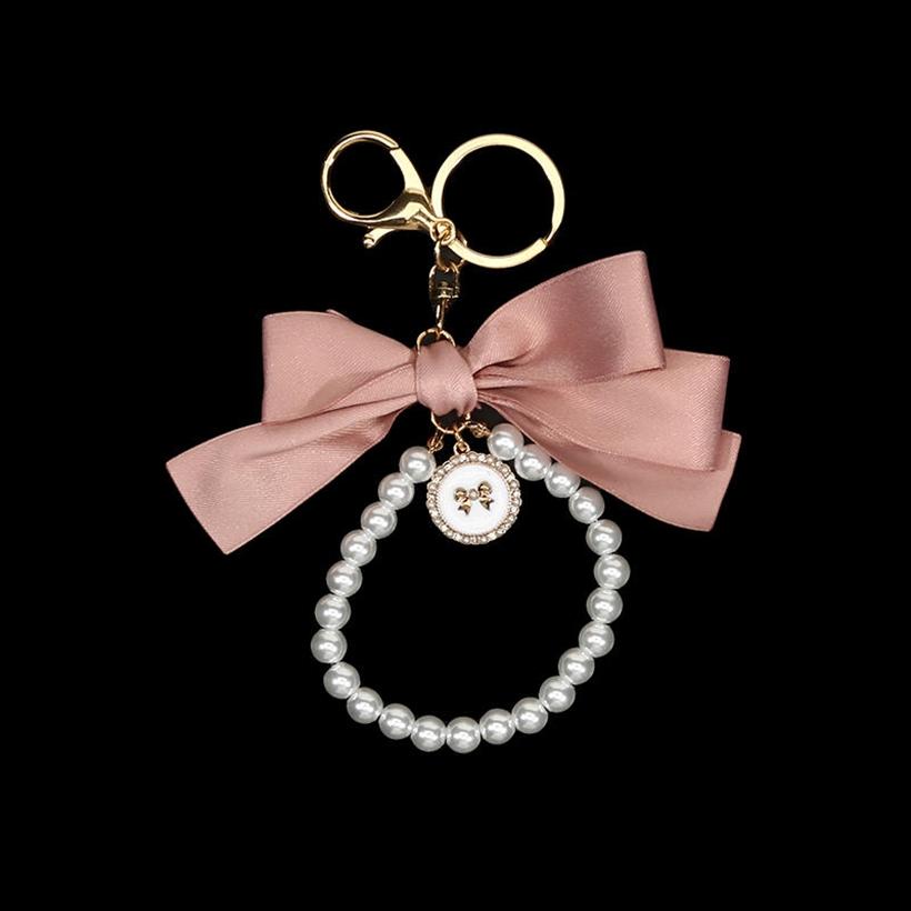 1PC Women Elegant Simulated Pearl Bow Wristlet Keychain Cute Aesthetic Bead Keychains Bag Charms for Handbags