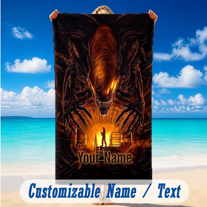 Beach Towel Custom Name Text, Quick Dry Large Towel For Beach HomeAlien Xenomorph