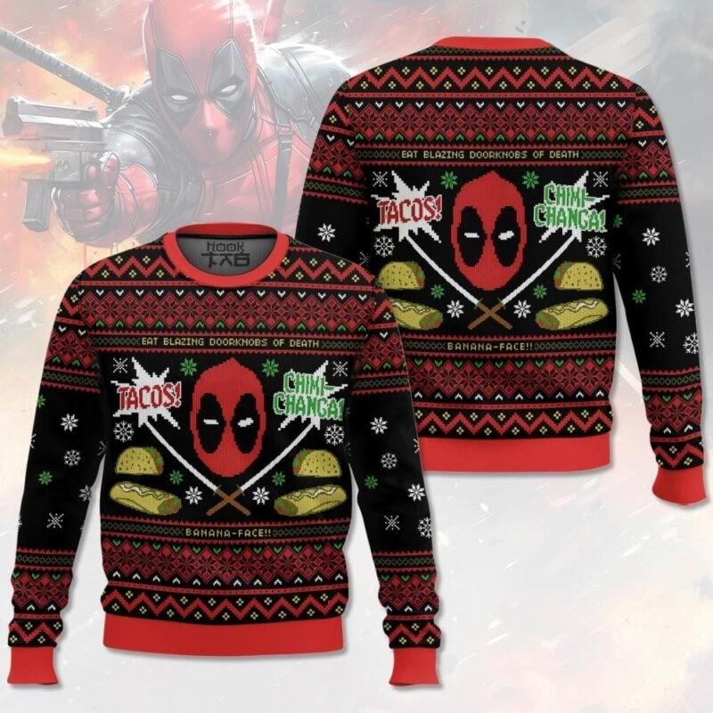 Tacos Chikichanga Deadpool Ugly Christmas Sweater All Sizes Unisex T-Shirt XXXXL