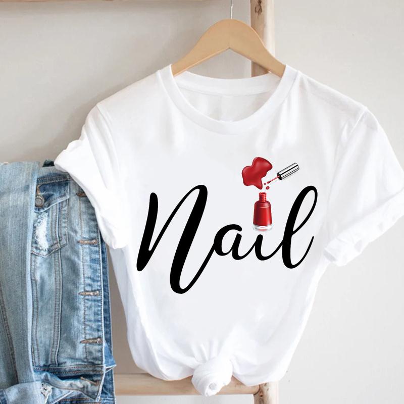 Summer Fashion Women T-shirt Short Striped Make Up Printing Spring Sleeve Lady Print Tee Top Female Clothing Casual Graphic T-shirt
