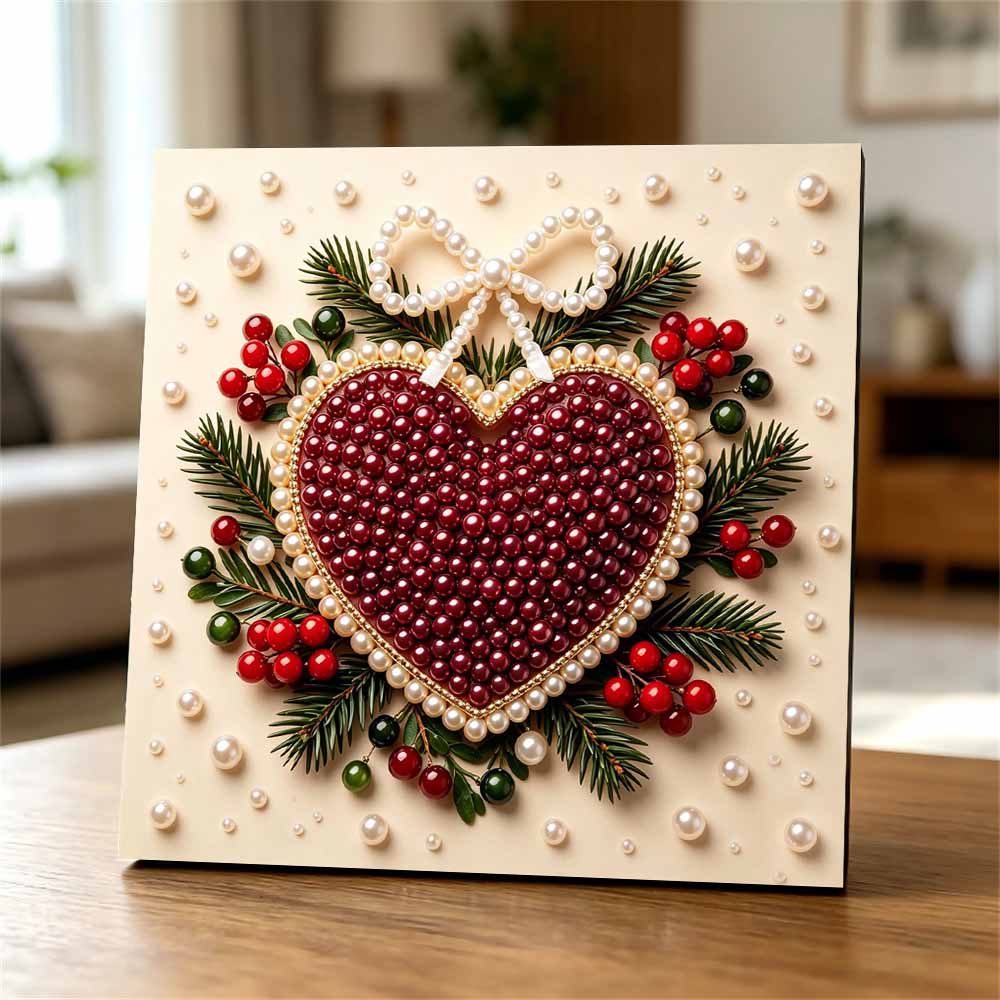 Premium Framed Pearl Art Kit with Christmas Heart Pattern 5D Sparkling Bead Canvas DIY Relaxing Craft for Home Wall Decor Gift Decoration Holiday