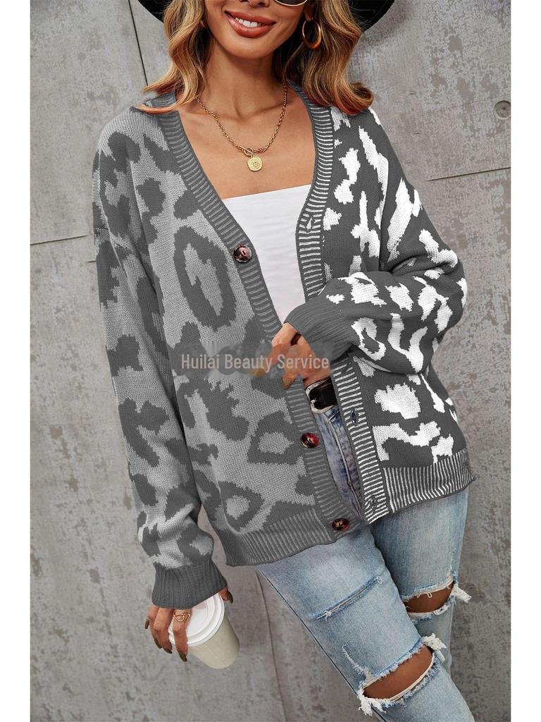 European & American Leopard Print Knitted Cardigan: Autumn/Winter, Mid-Length, Round Neck, Single-Breasted, Streetwear Style, Plus Size Sweater