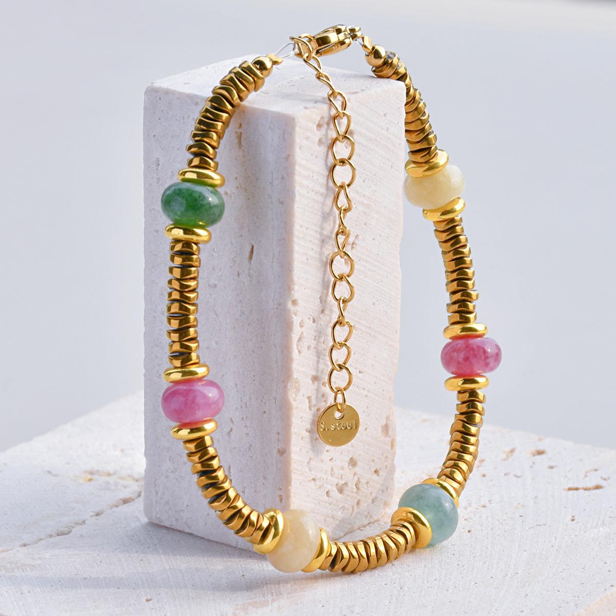

Fashion Colorful Natural Stone Beads Chain Bohemia Stainless Steel Gold Color Metal Bracelets Trendy Jewelry Gift for Women