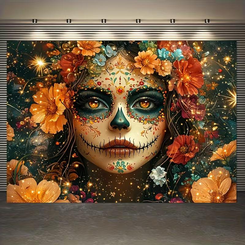 2D Floral Sugar Skull Backdrop for Day of the Dead & Halloween Events