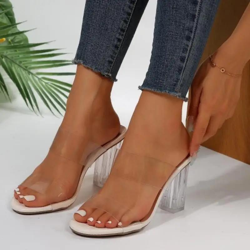 Elegant Transparent Pvc Sandals Women Summer Thick High Heels Crystal Slippers Woman Square Toe Slip On Plus Size Dress Shoes
