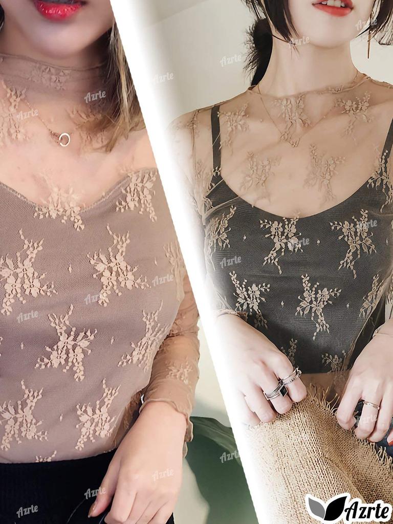 Azulte Lace Long Floral High All Size Black Women's Underwear, Sleeve, Print, Elegant, Layering, Sheer, Sheer, Black, Tulle, Neck, Lace, 70,