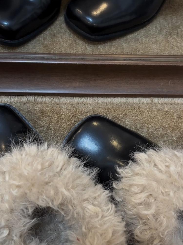 Verze z hovězí kůže~ pravá kůže silný podpatek nadýchané boty dámské podzimní a zimní sametové malé kožené boty britský styl retro nazouvací mokasíny