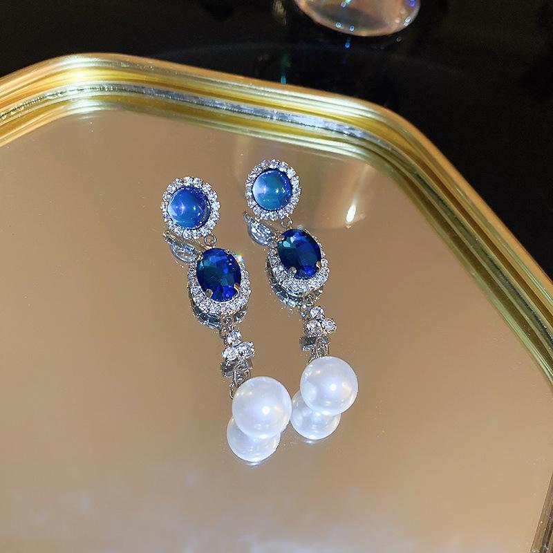 Blue Oil Drop Crystal Flower Round Earrings Stud Earrings Design Sense Niche