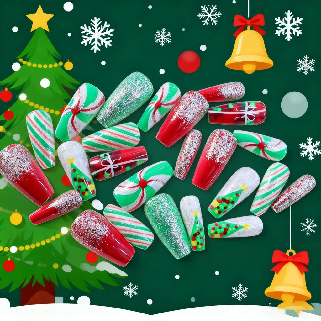 Christmas Europe and the United States Best-selling Nail Art Wear Nail Sweet and Cute Christmas Tree Glitter Medium and Long Nail Wear