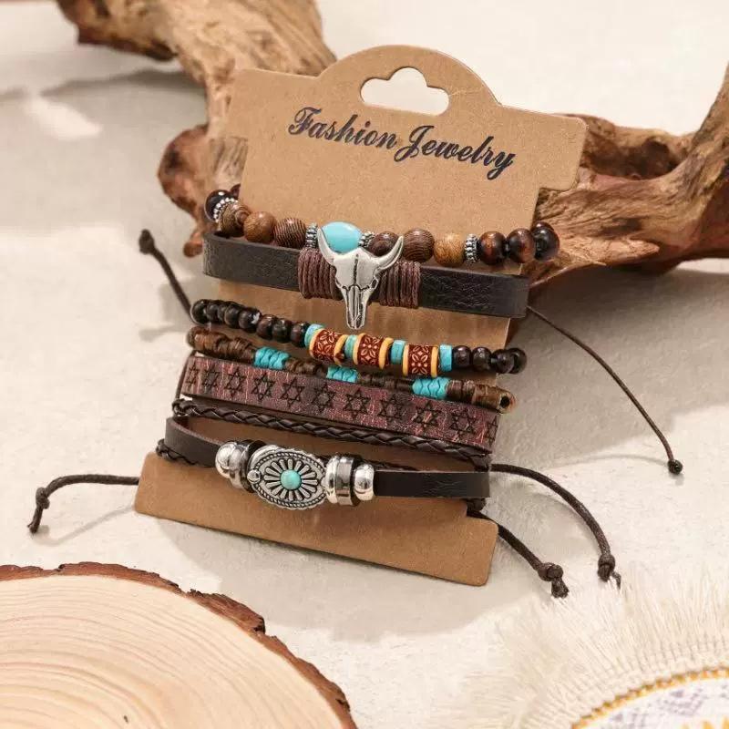 New Wood Bead Beaded Multi-layer Retro Flower Peacock Feather Heart-shaped Hand-woven Set Bracelet