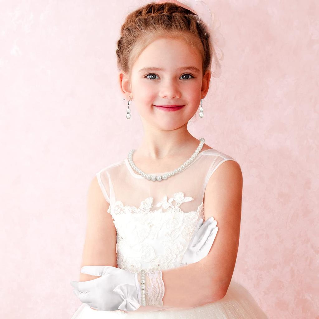 Weißes Elegantes Schleifen Kinder Schmuckset 4 - Teilig: Halskette , Armband , Ohrringe , Ring + Handschuhe für Mädchen Brautjungfer