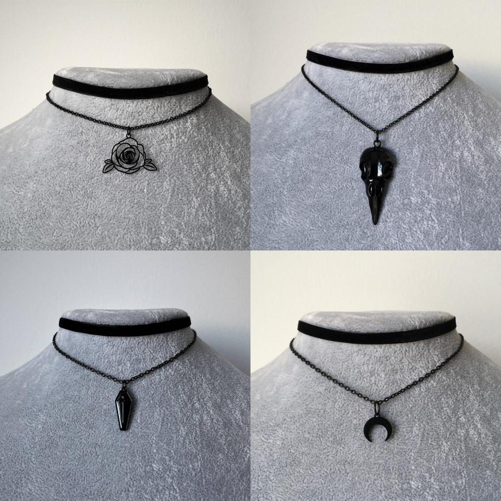 Gothic Black Rose Moon Raven Necklace With Geometric Pendant For Women
