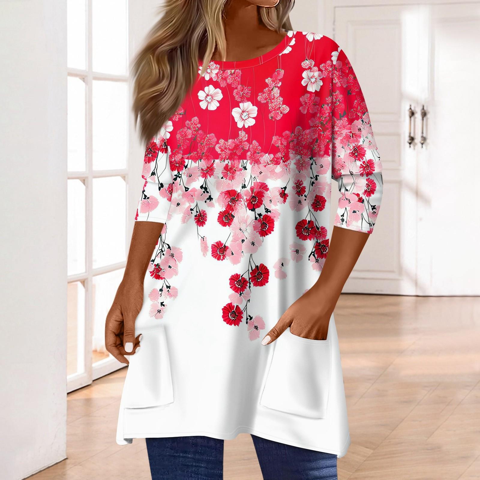 

Жіночі топи з кишенями з рукавом 3/4, футболка, повсякденний принт, топи середньої довжини, футболка, пуловер з круглим вирізом, блузка XXL червоний