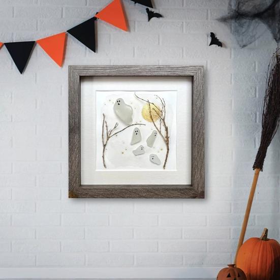 Thrilling Flying Ghost Sea Glass Art Handmade Halloween Mini Ghost Scene Wall Decor Unique Sea Glass Artwork Gift