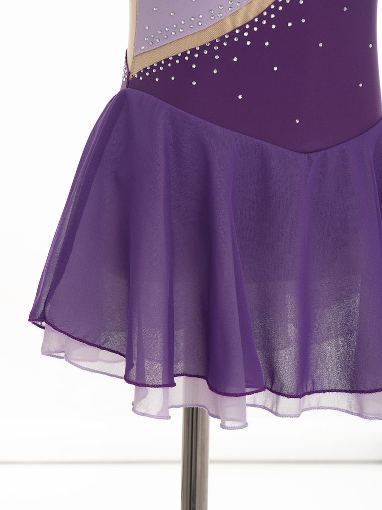 Girls Rhinestone Dance Dress Sleeveless Round Neckline Patchwork Style Skating Performance Costume Dress