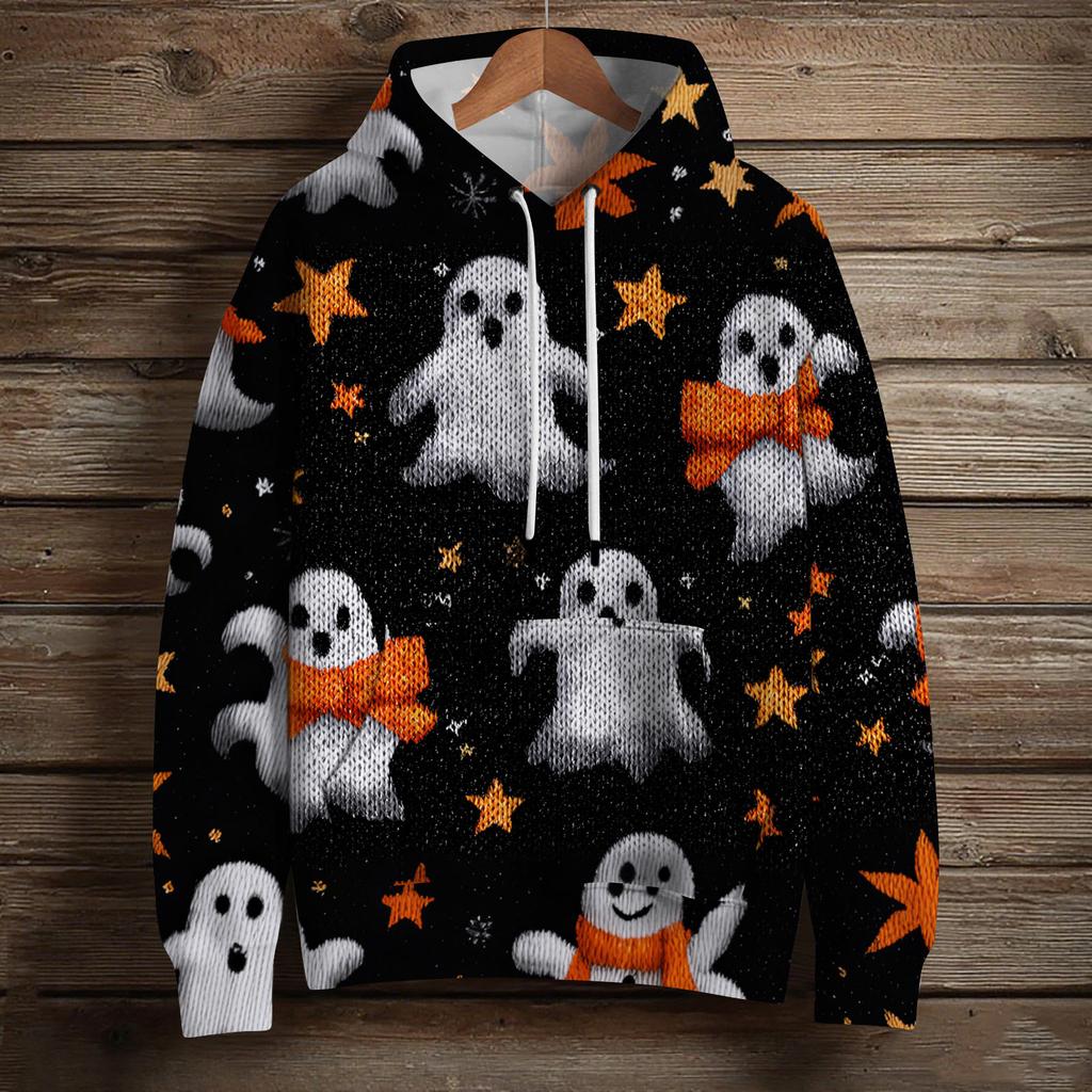 Women's Fashion Long Sleeve Pullover Halloween Print Hooded Pocket Sweatshirt