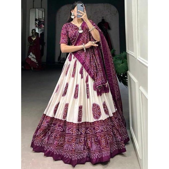Women's Bandhej Printeed Tussar Sillk Lehenga Choli Set  ,Unstiched Blouse