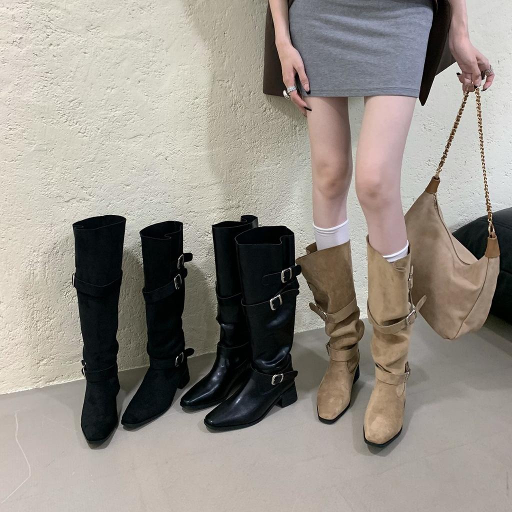 Thick heel retro suede long tube knight boots women's shoes 2025 new autumn design sense two wear thin medium tube boots