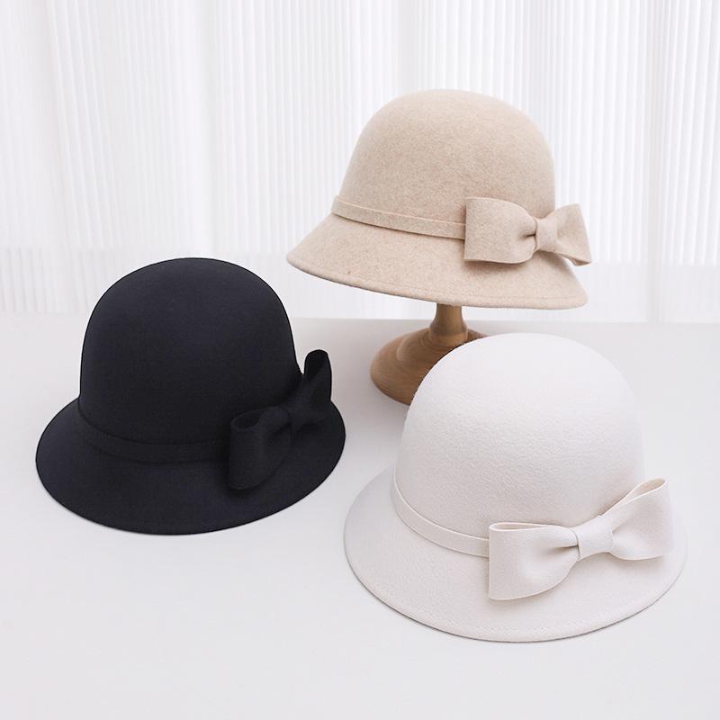 Autumn and winter hat women's bow wool basin hat dome retro british top hat outdoor bucket hat tide