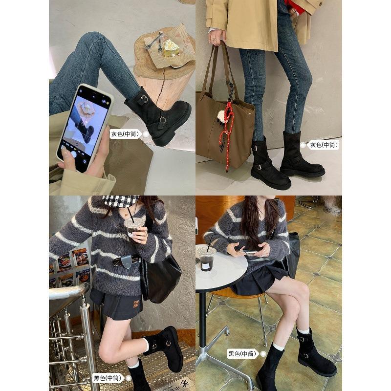 Cowhide version of retro locomotive buckle with round head thick sole heightening medium tube short boots autumn and winter Martin boots women